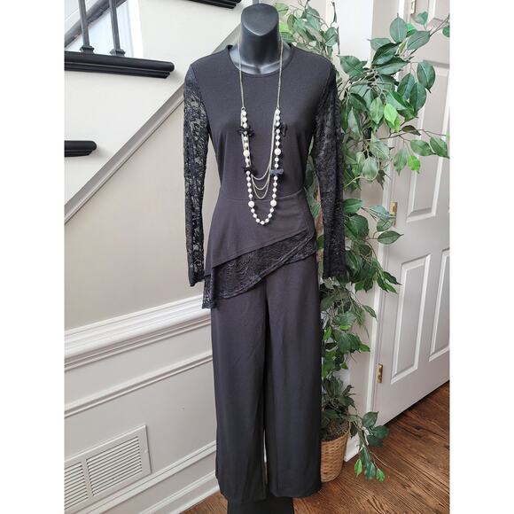 Women's Jumpsuit Small Black Lace Long Sleeve Asymmetrical Hem Wide Leg Evening - Picture 1 of 16